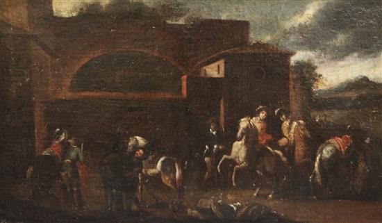 17th century Genoese School Horse riders beside a villa 21 x 37in.